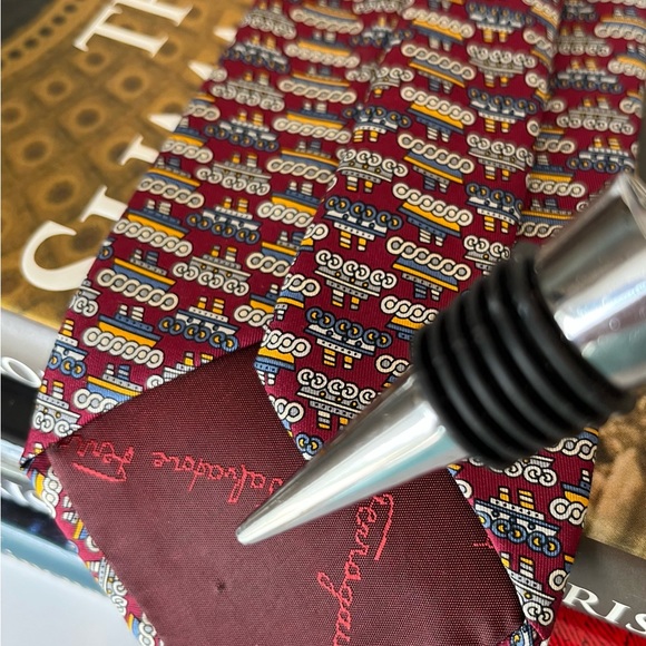 SALVATORE FERRAGAMO Silk Necktie “Tug Boat” Print Tipped Burgundy Gray 58.5x3.5 - Picture 8 of 10